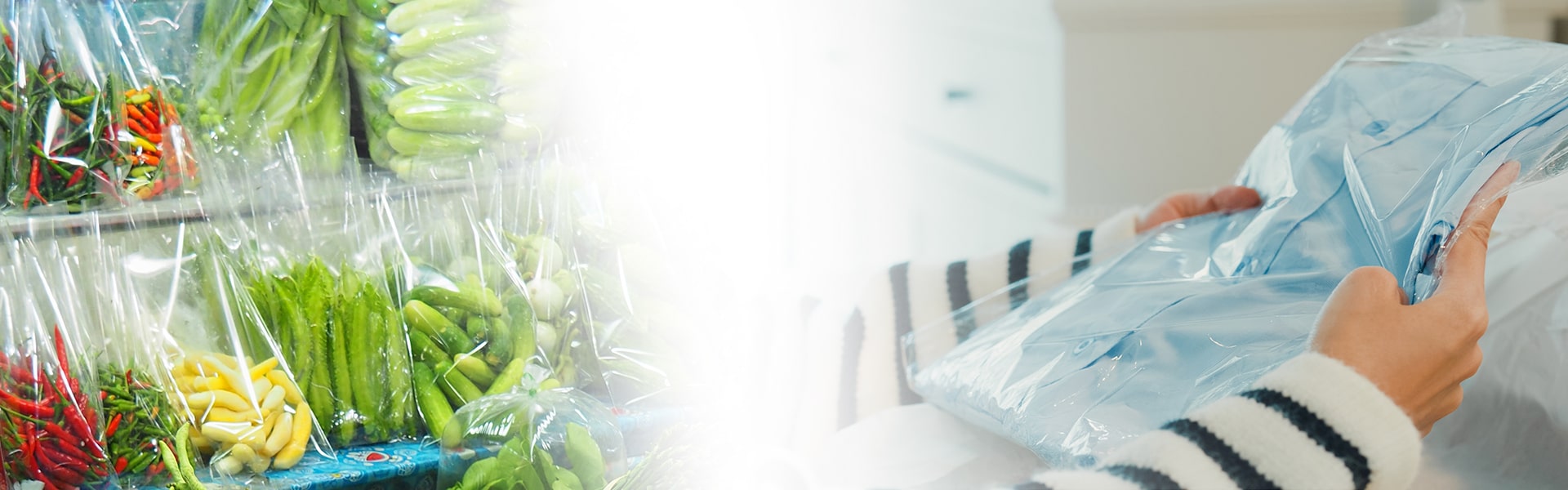 banner image of vegetables and a dress shirt in plant based sustainable packaging