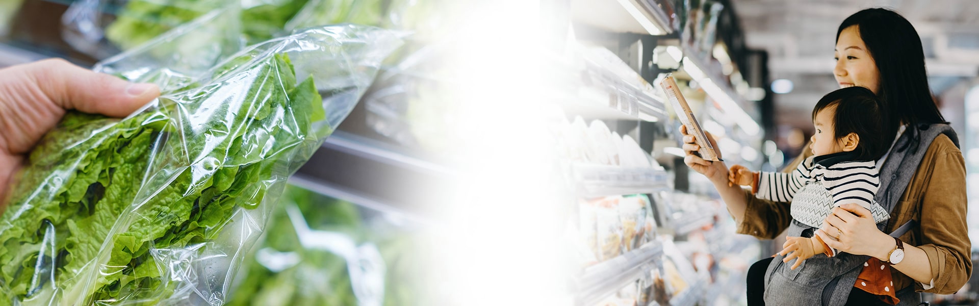 banner image of woman shopping for food in recyclable packaging